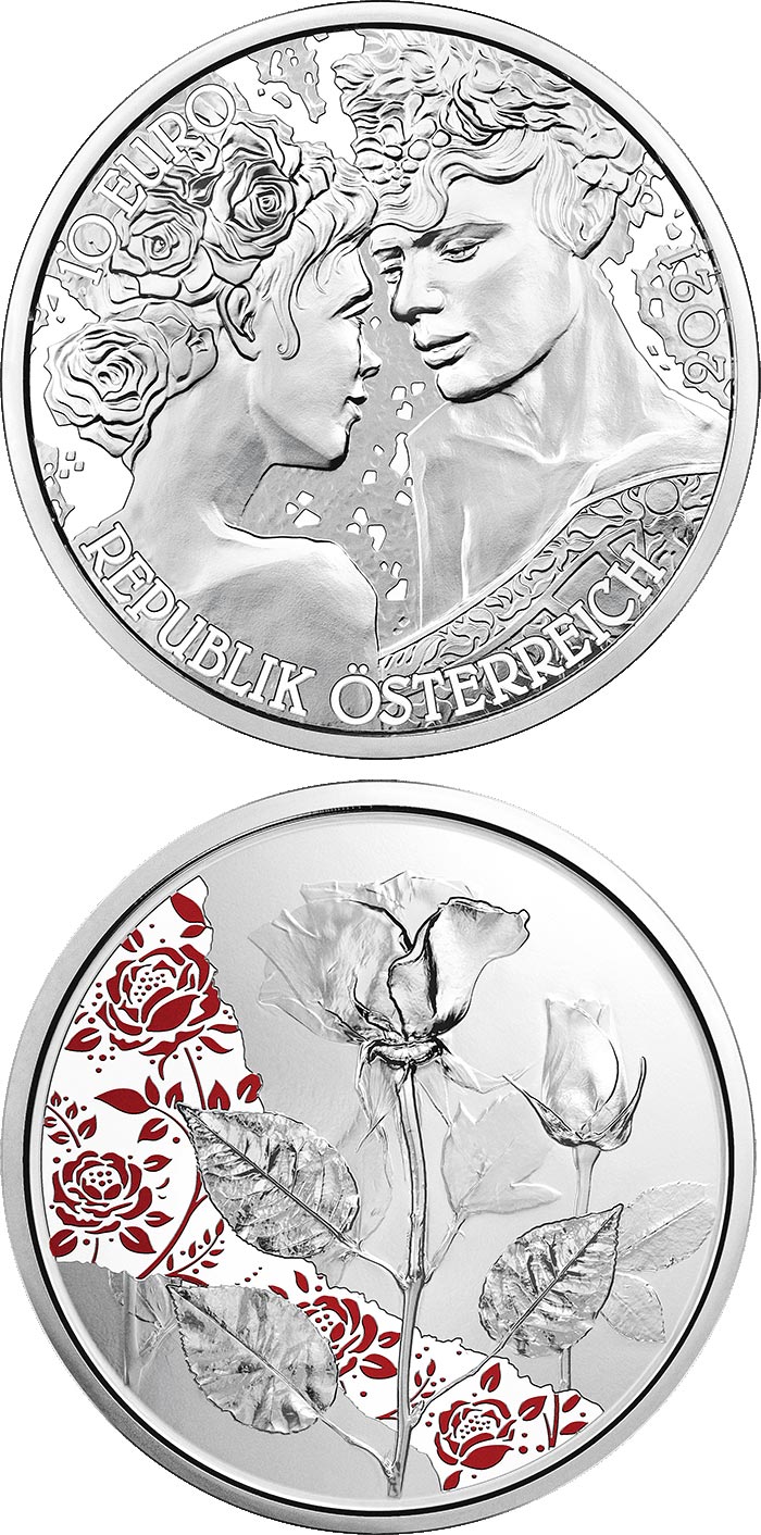 Image of 10 euro coin -  The Rose | Austria 2021.  The Silver coin is of Proof, BU, UNC quality.