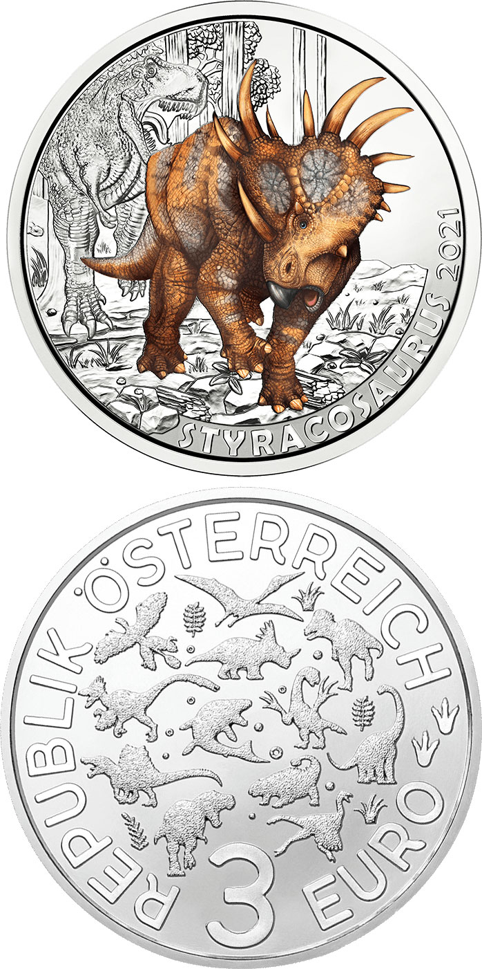 Image of 3 euro coin - Styracosaurus albertensis –
the longest horn | Austria 2021.  The Copper coin is of UNC quality.