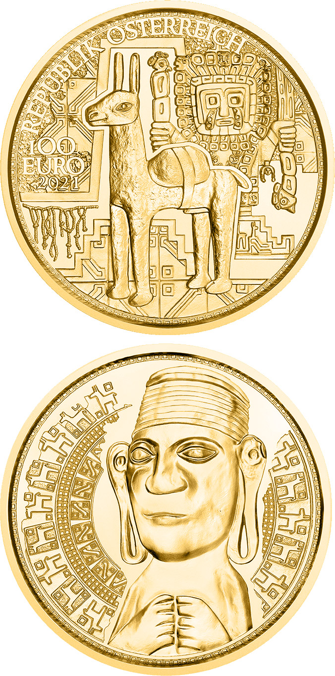 Image of 100 euro coin - The Gold of the Incas | Austria 2021.  The Gold coin is of Proof quality.