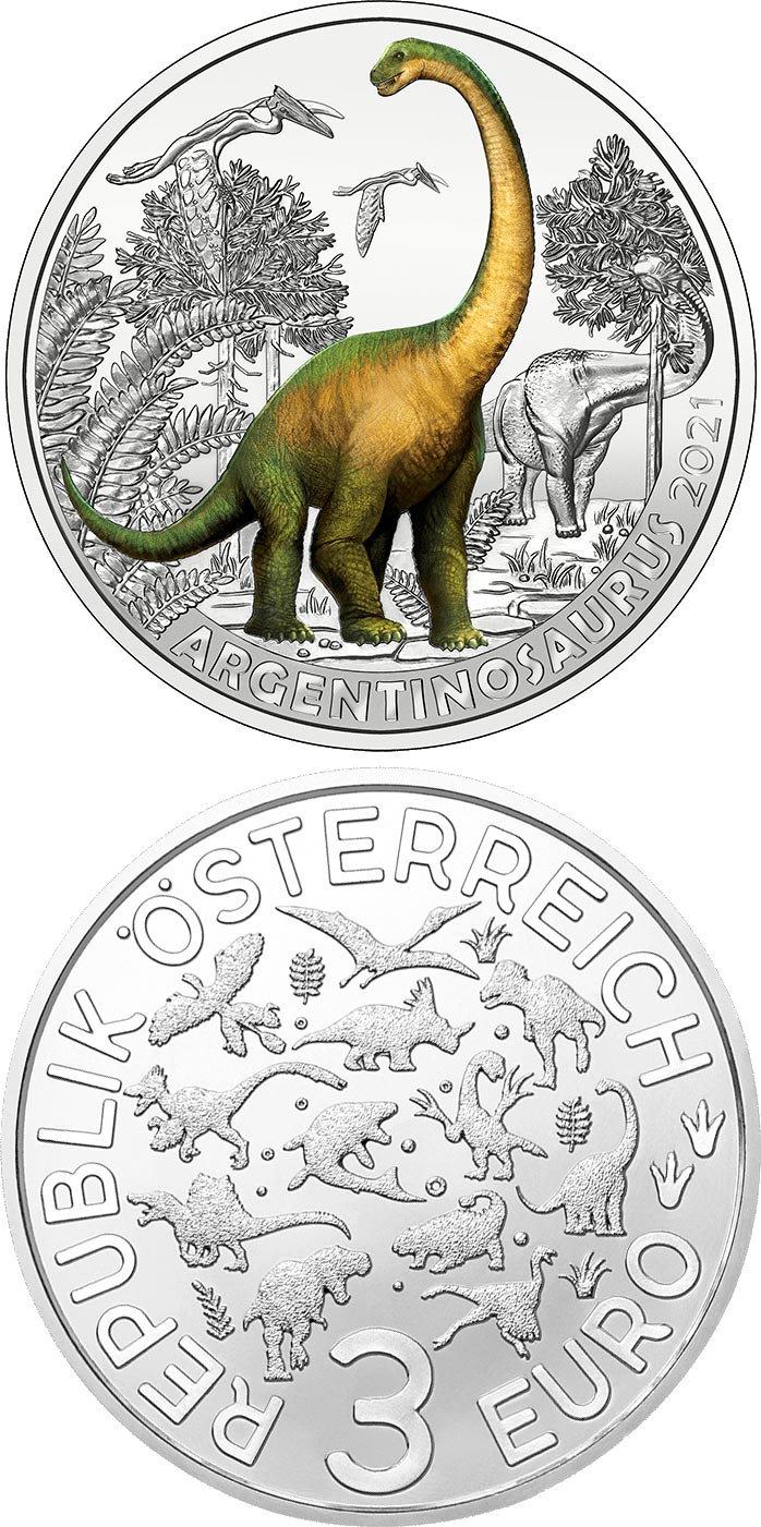 Image of 3 euro coin - Argentinosaurus huinculensis –
the biggest behemoth | Austria 2021.  The Copper coin is of UNC quality.