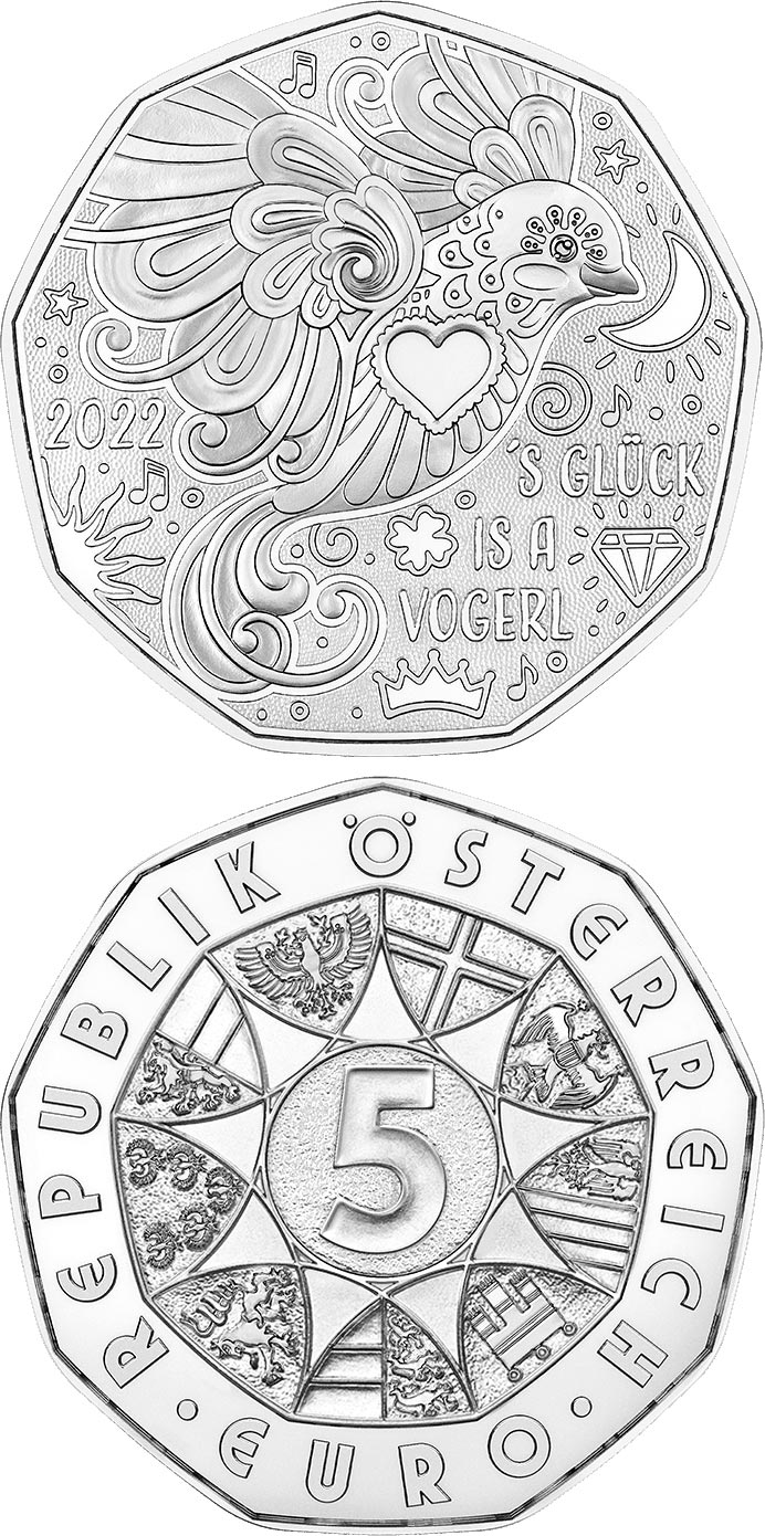 Image of 5 euro coin - New Year Coin 2022 | Austria 2022.  The Silver coin is of BU, UNC quality.