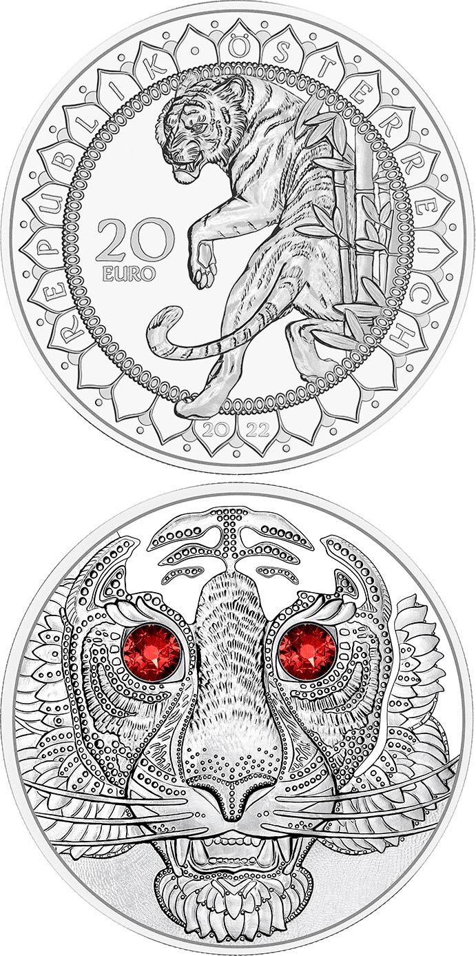 Image of 20 euro coin - Asia – the Power of the Tiger | Austria 2022.  The Silver coin is of Proof quality.