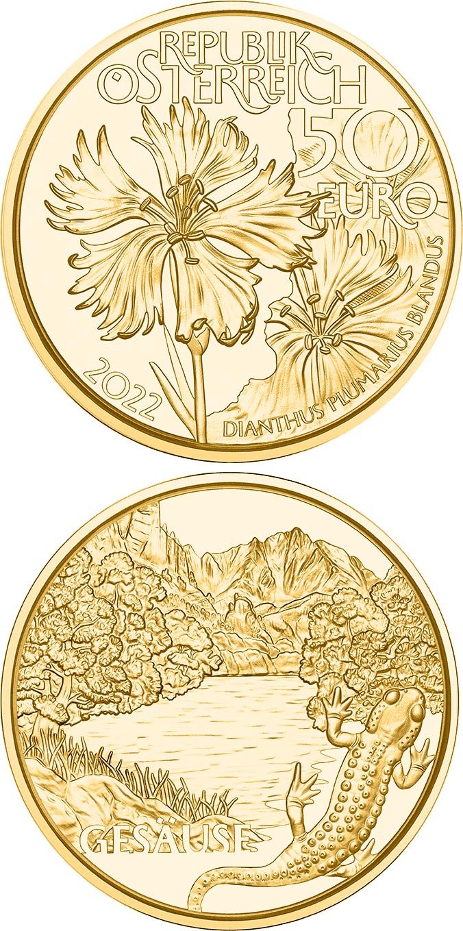 Image of 50 euro coin - Wild Waters | Austria 2022.  The Gold coin is of Proof quality.