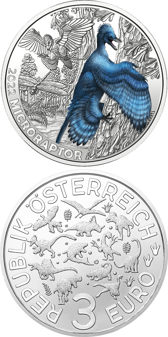 Image of 3 euro coin - Microraptor– the smallest dinosaur | Austria 2022.  The Copper coin is of UNC quality.