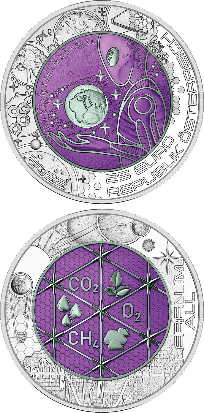 Image of 25 euro coin - Extraterrestrial Life | Austria 2022.  The Bimetal: silver, niobium coin is of BU quality.