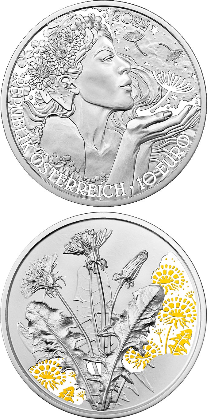 Image of 10 euro coin - The Dandelion | Austria 2022.  The Silver coin is of Proof, BU, UNC quality.