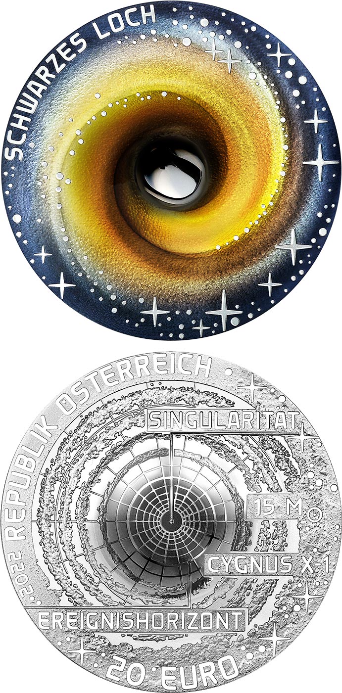 Image of 20 euro coin - The Black Hole | Austria 2022.  The Silver coin is of Proof quality.