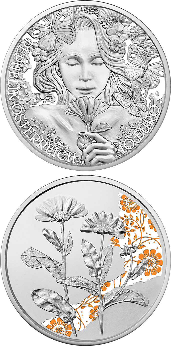 Image of 10 euro coin - The Marigold | Austria 2022.  The Silver coin is of Proof, BU, UNC quality.