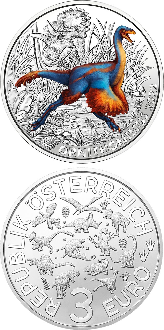 Image of 3 euro coin - Ornithomimus velox – the fastest dinosaur | Austria 2022.  The Copper coin is of UNC quality.
