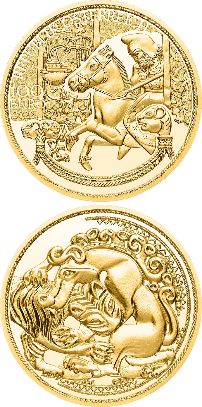 Image of 100 euro coin - The Gold of the Scythians | Austria 2022.  The Gold coin is of Proof quality.