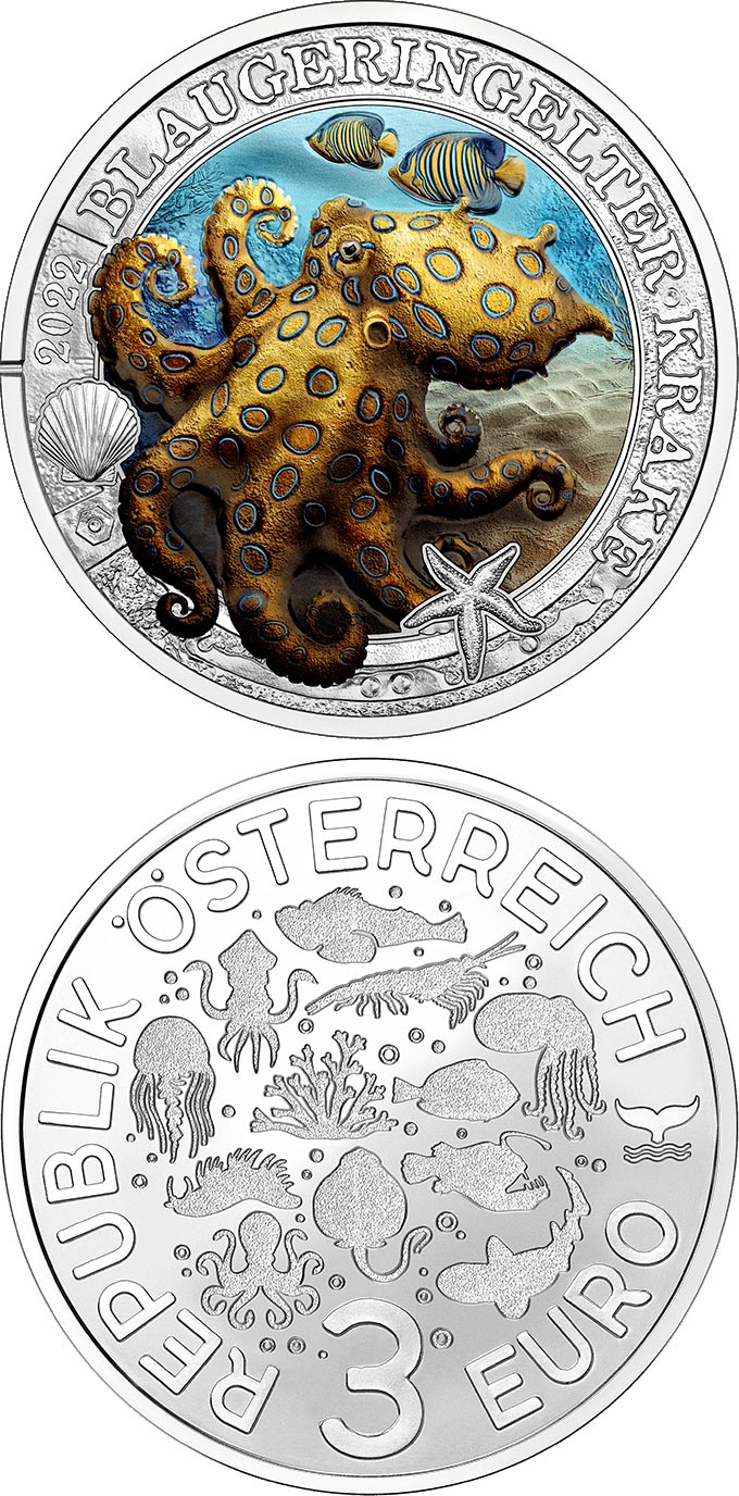 Image of 3 euro coin - Blue-ringed octopus | Austria 2022.  The Copper coin is of UNC quality.