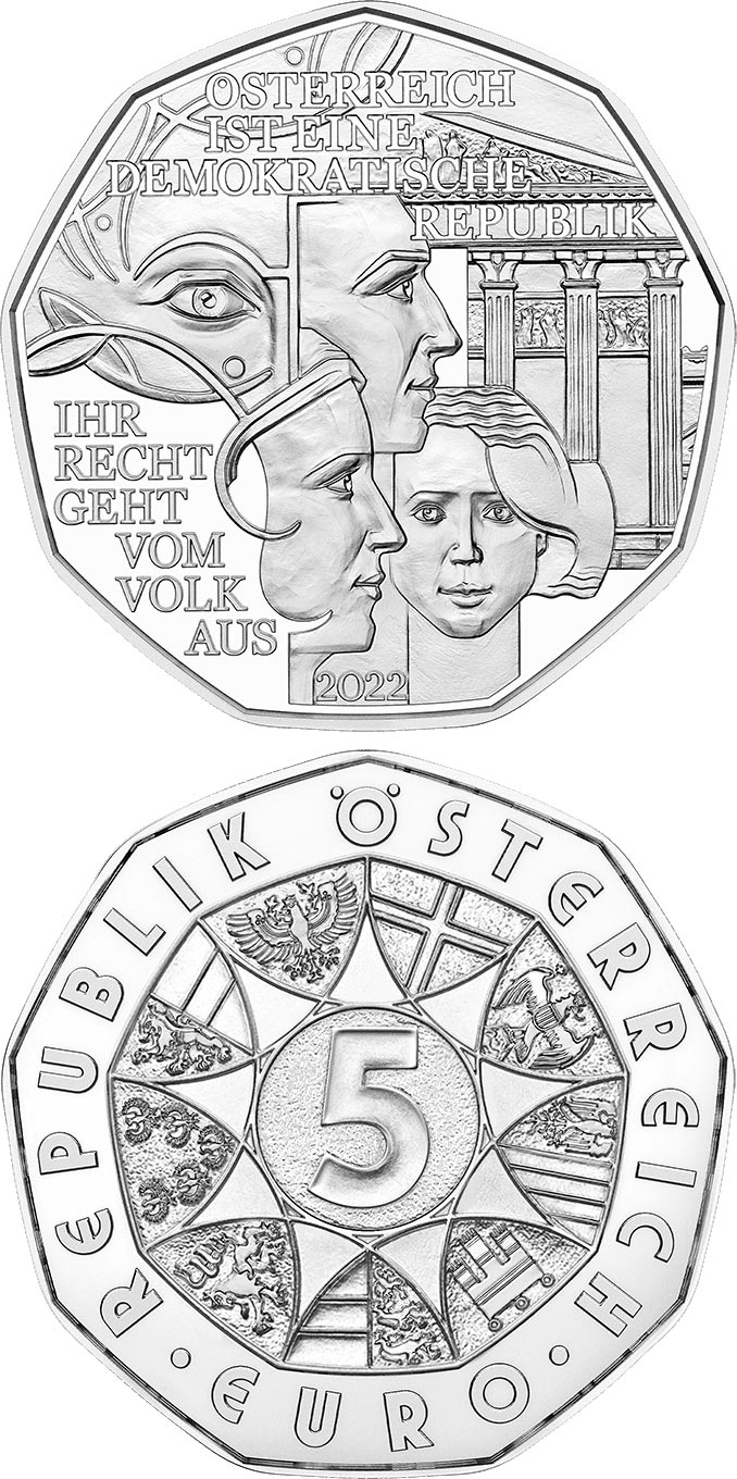 Image of 5 euro coin - Democracy | Austria 2022.  The Silver coin is of BU, UNC quality.