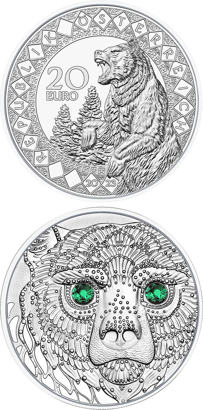 Image of 20 euro coin - Americas – the Healing Power
of the Bear | Austria 2023.  The Silver coin is of Proof quality.