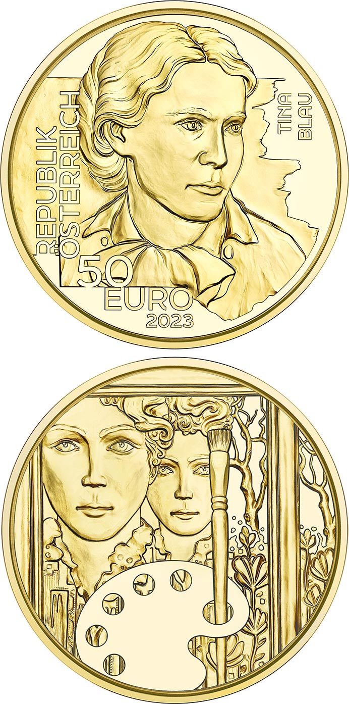 Image of 50 euro coin - Tina Blau – Painter | Austria 2023.  The Gold coin is of Proof quality.