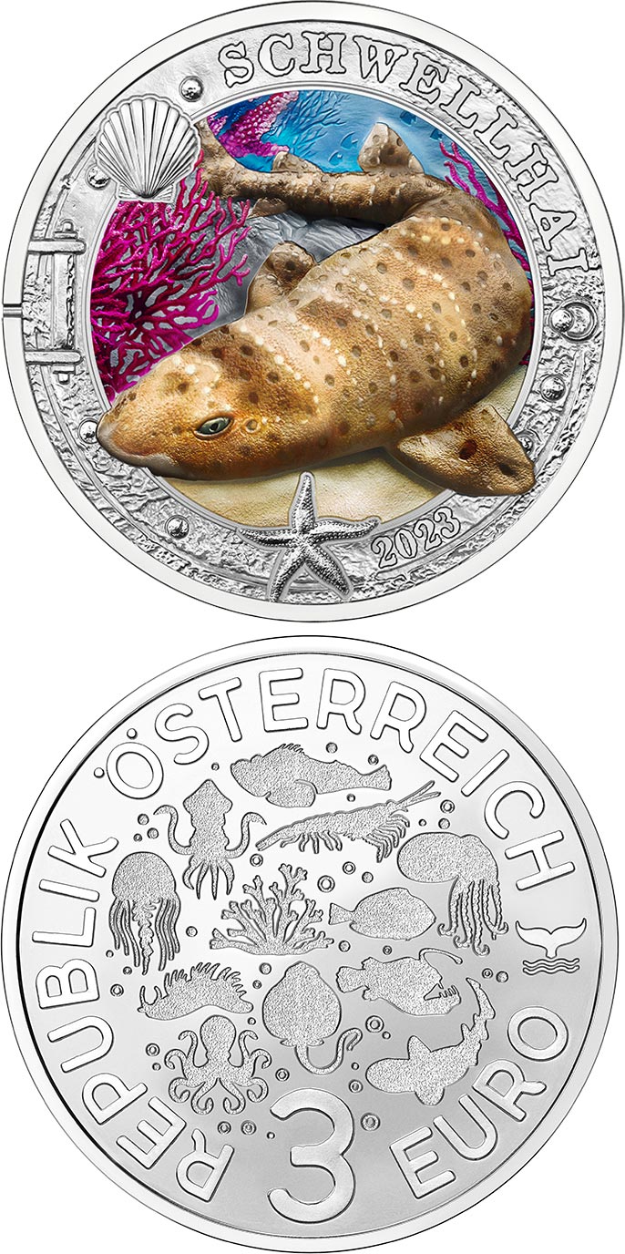 Image of 3 euro coin - Swell Shark | Austria 2023.  The Copper coin is of UNC quality.