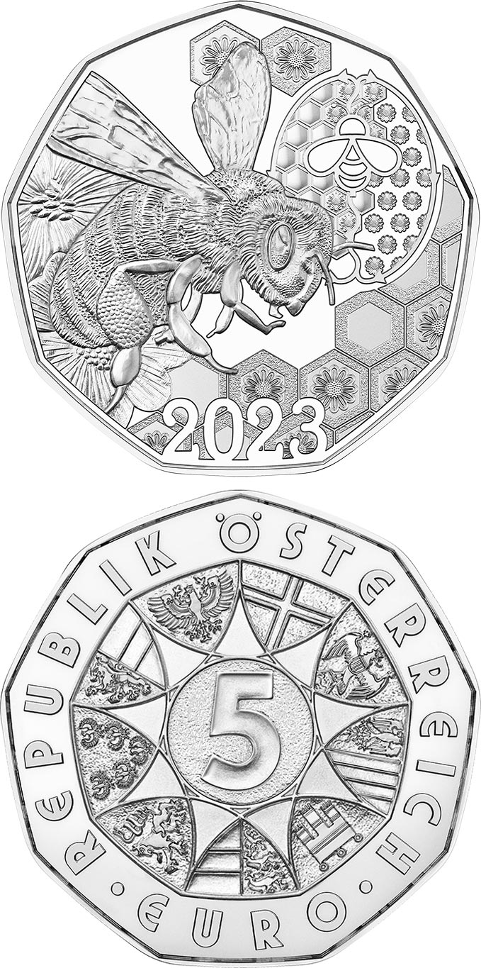 Image of 5 euro coin - The Waggle Dance | Austria 2023.  The Silver coin is of BU, UNC quality.