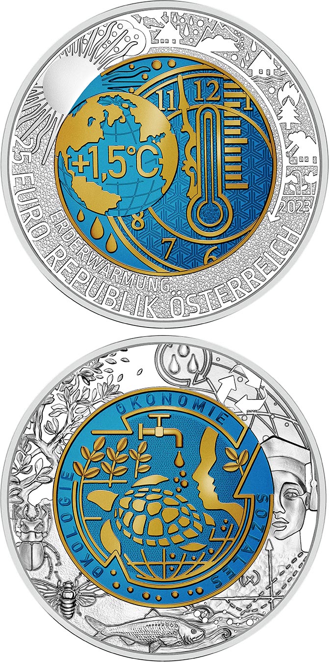 Image of 25 euro coin - Global Heating | Austria 2023.  The Bimetal: silver, niobium coin is of BU quality.