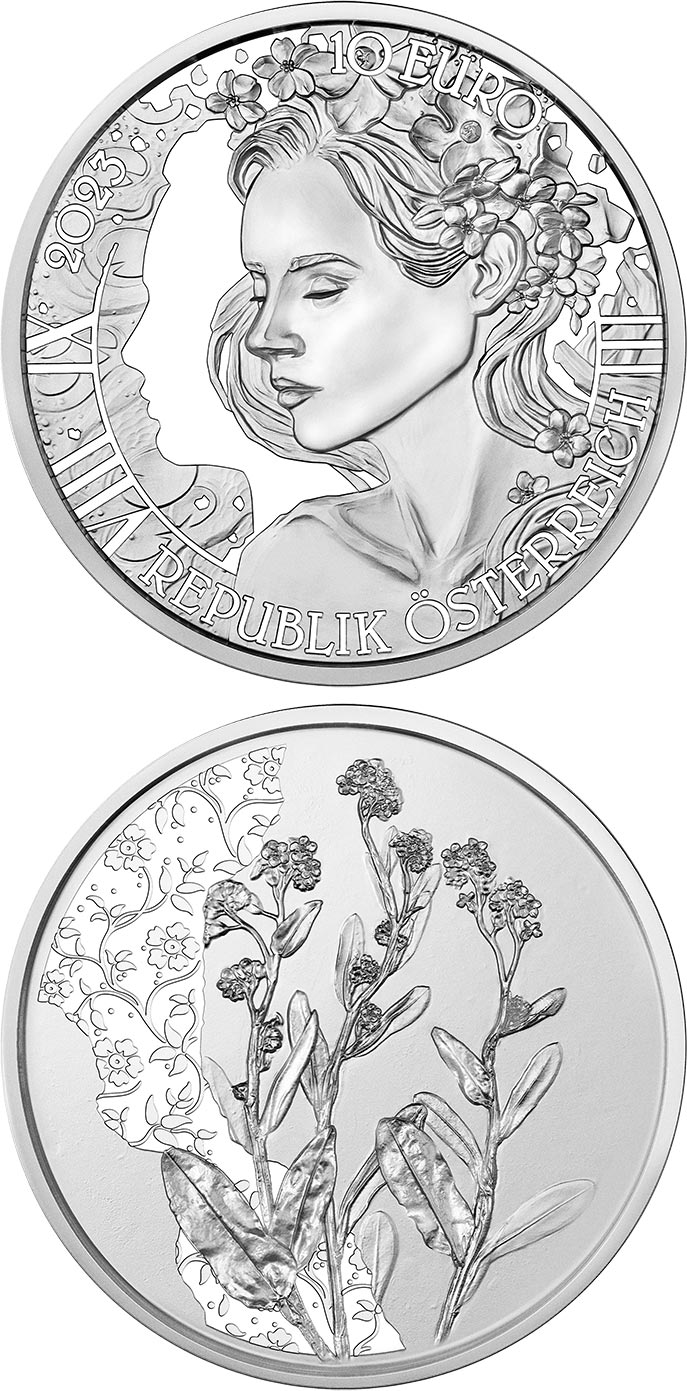 Image of 10 euro coin - The Forget-me-not | Austria 2023.  The Silver coin is of Proof, BU, UNC quality.