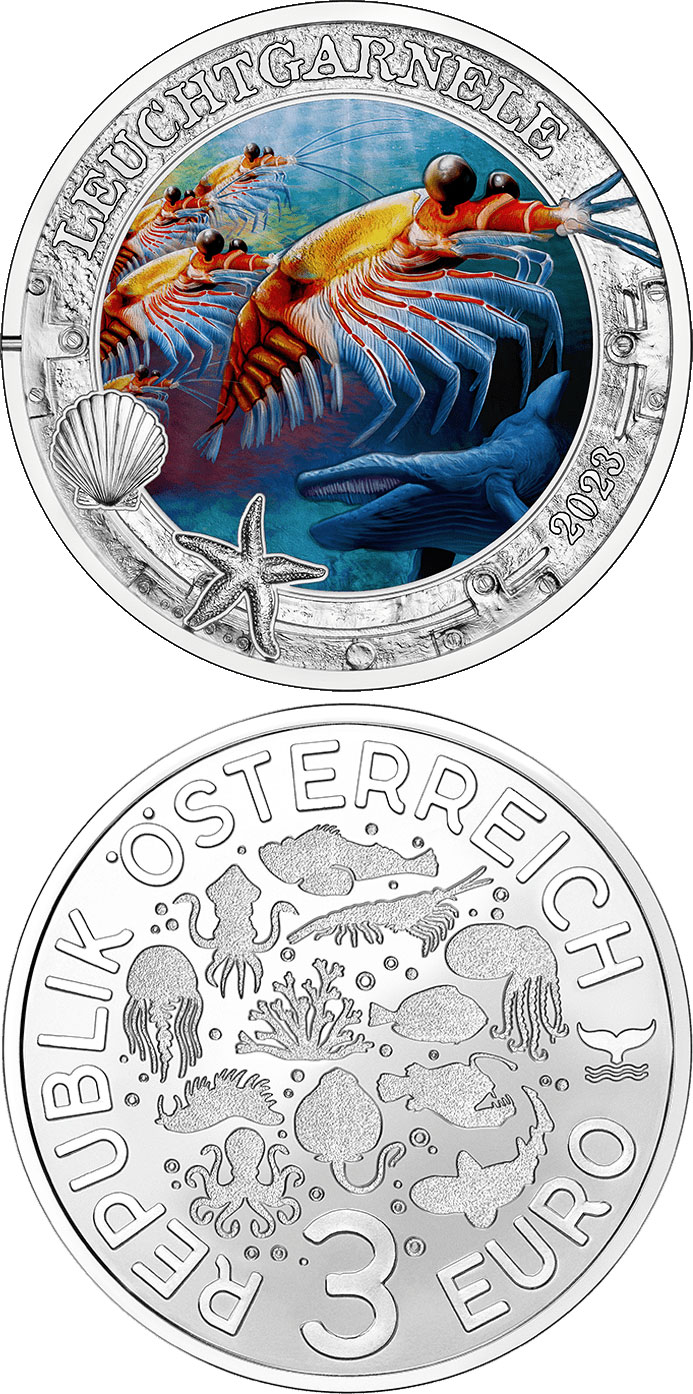 Image of 3 euro coin - Antarctic Krill | Austria 2023.  The Copper coin is of UNC quality.