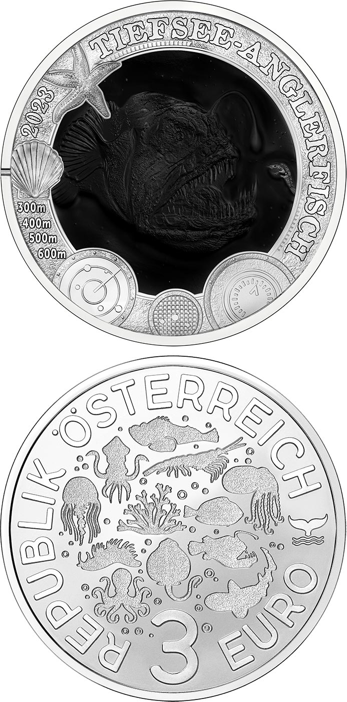 Image of 3 euro coin - Deep-sea Anglerfish | Austria 2023.  The Copper coin is of UNC quality.