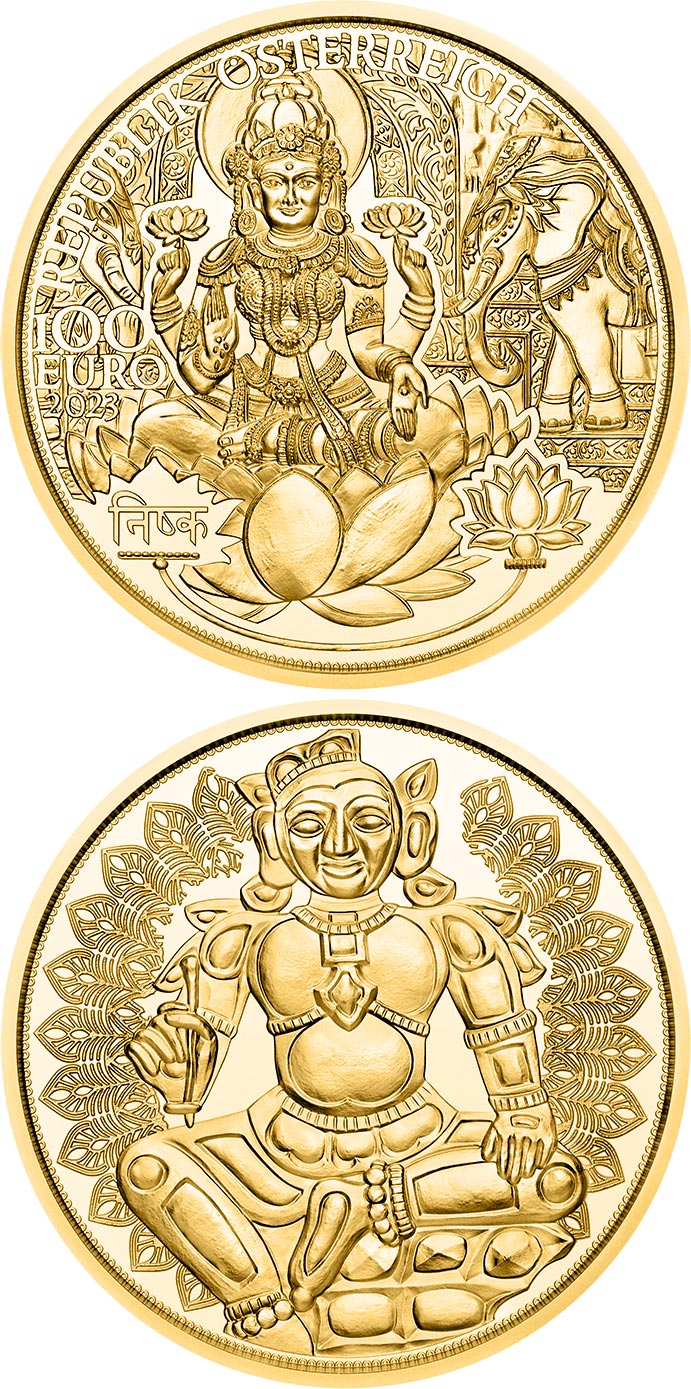 Image of 100 euro coin - The Gold of India | Austria 2023.  The Gold coin is of Proof quality.