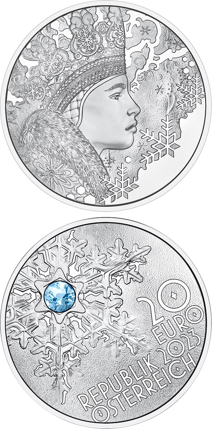 Image of 20 euro coin - The Snowflake | Austria 2023.  The Silver coin is of Proof quality.