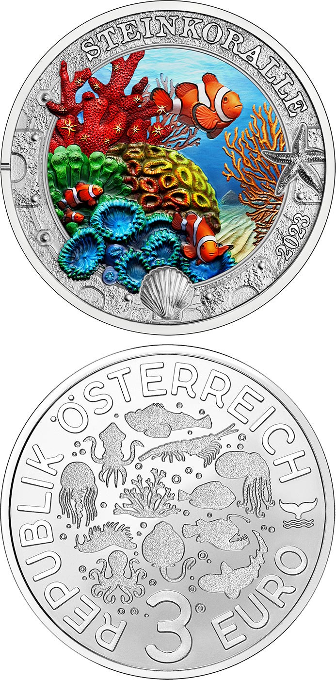 Image of 3 euro coin - Stony Coral | Austria 2023.  The Copper coin is of UNC quality.