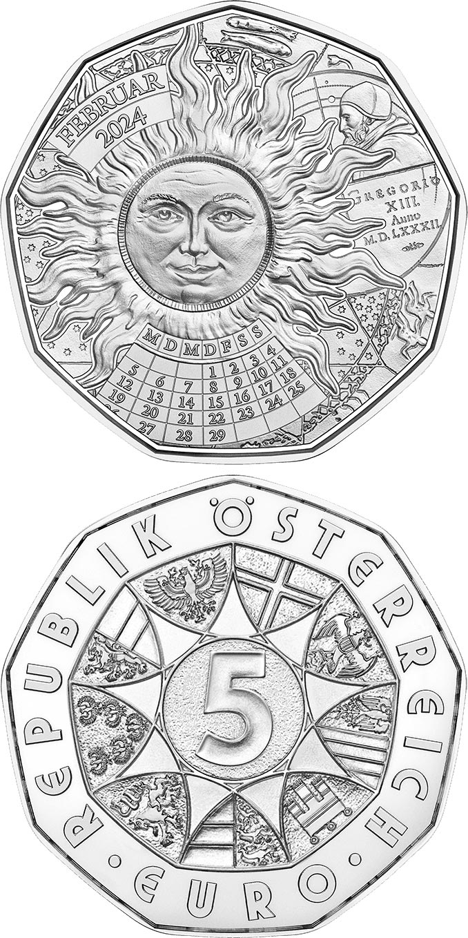 Image of 5 euro coin - New Year Coin 2024 | Austria 2023.  The Silver coin is of BU, UNC quality.