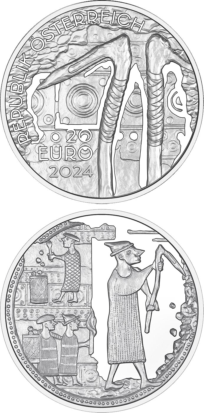 Image of 20 euro coin - Salt Mining | Austria 2024.  The Silver coin is of Proof quality.