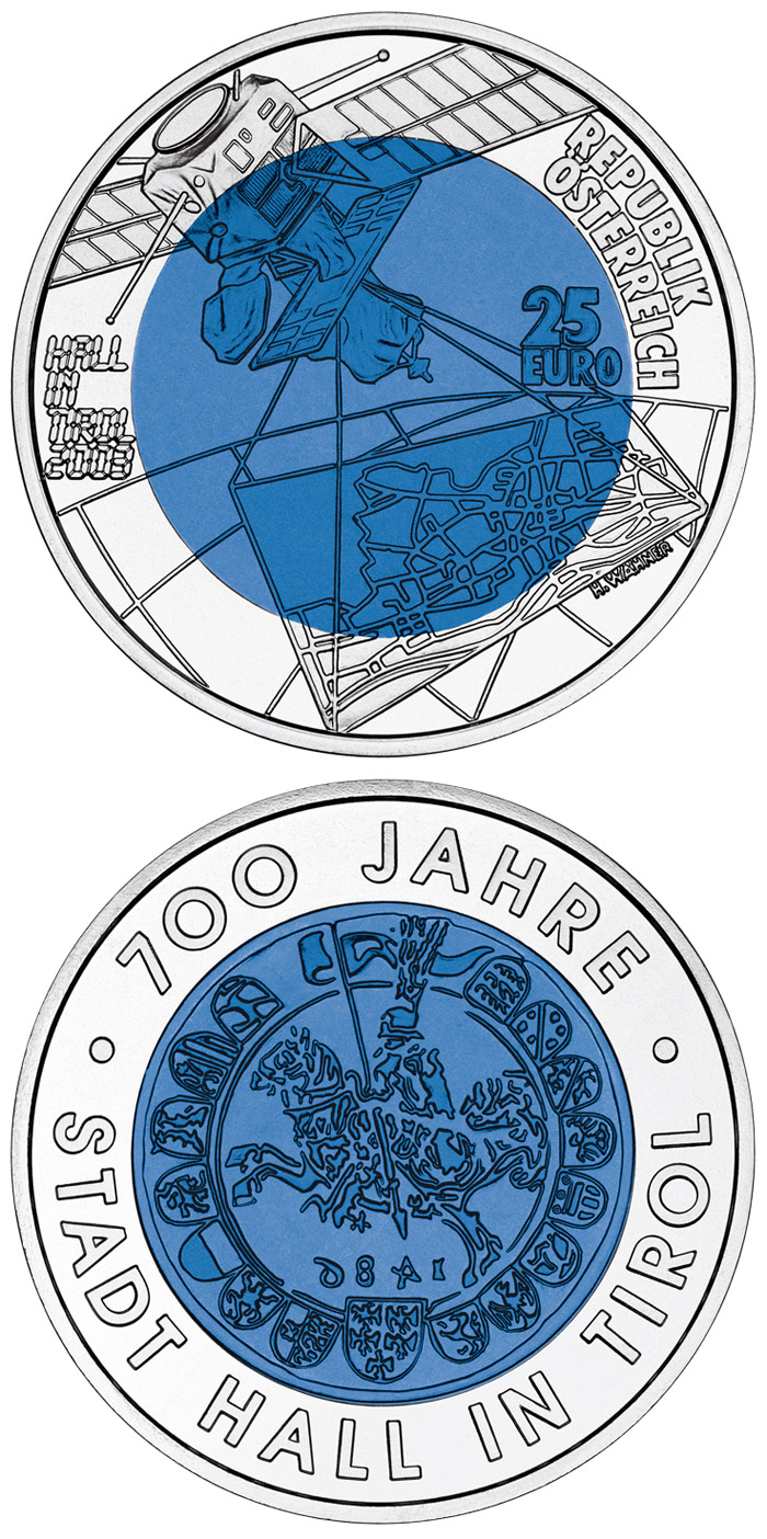 Image of 25 euro coin - 700 Years City of Hall in Tyrol | Austria 2003.  The Bimetal: silver, niobium coin is of BU quality.