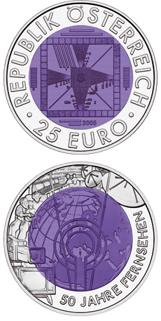 Image of 25 euro coin - 50 Years Television | Austria 2005.  The Bimetal: silver, niobium coin is of BU quality.