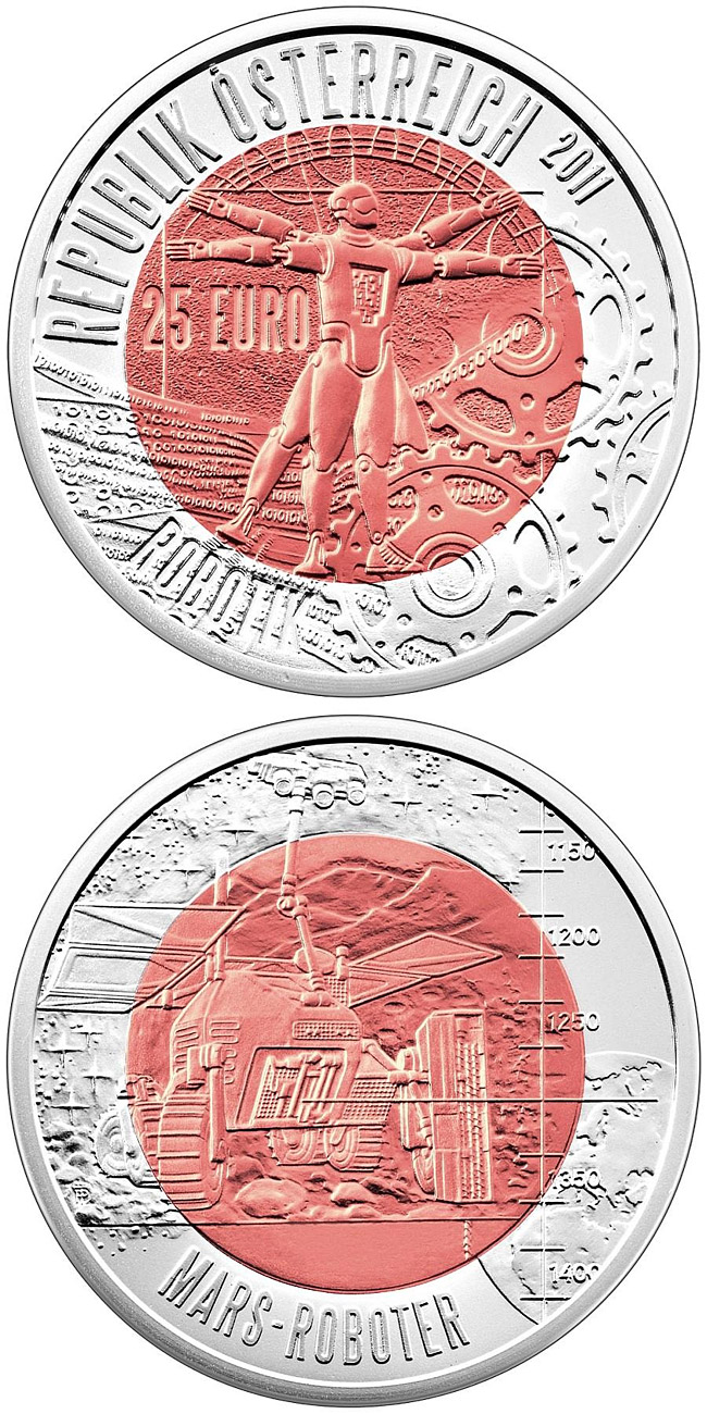 Image of 25 euro coin - Robotik | Austria 2011.  The Bimetal: silver, niobium coin is of BU quality.