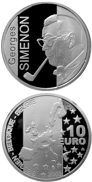 Image of 10 euro coin - 100. birthday of Georges Simenon | Belgium 2003.  The Silver coin is of Proof quality.