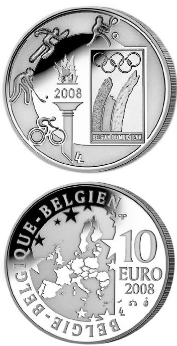 Image of 10 euro coin - Beijing Summer Olympics | Belgium 2008.  The Silver coin is of Proof quality.