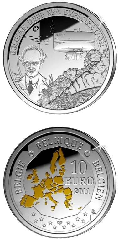 Image of 10 euro coin - Belgian deep sea exploration | Belgium 2011.  The Silver coin is of Proof quality.