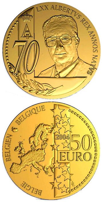 Image of 50 euro coin - 70. birthday of Albert II. | Belgium 2004.  The Gold coin is of Proof quality.