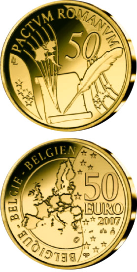 Image of 50 euro coin - 50 Years Treaty of Rome | Belgium 2007.  The Gold coin is of Proof quality.