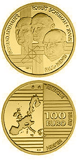 Image of 100 euro coin - Europe's founding fathers - Adenauer, Schuman, Spaak | Belgium 2002.  The Gold coin is of Proof quality.