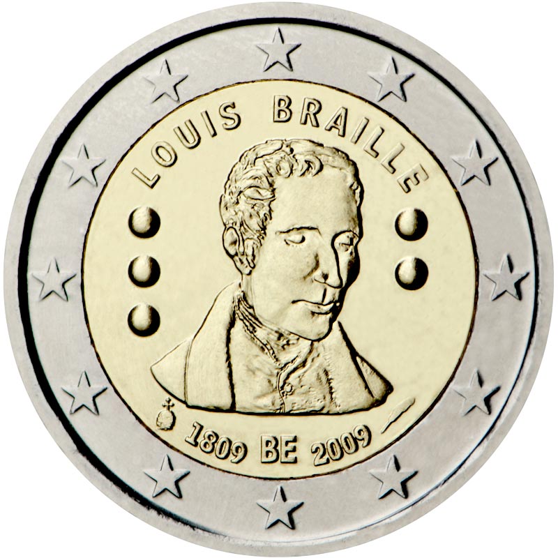 Image of 2 euro coin - 200th Anniversary of birth of Louis Braille | Belgium 2009
