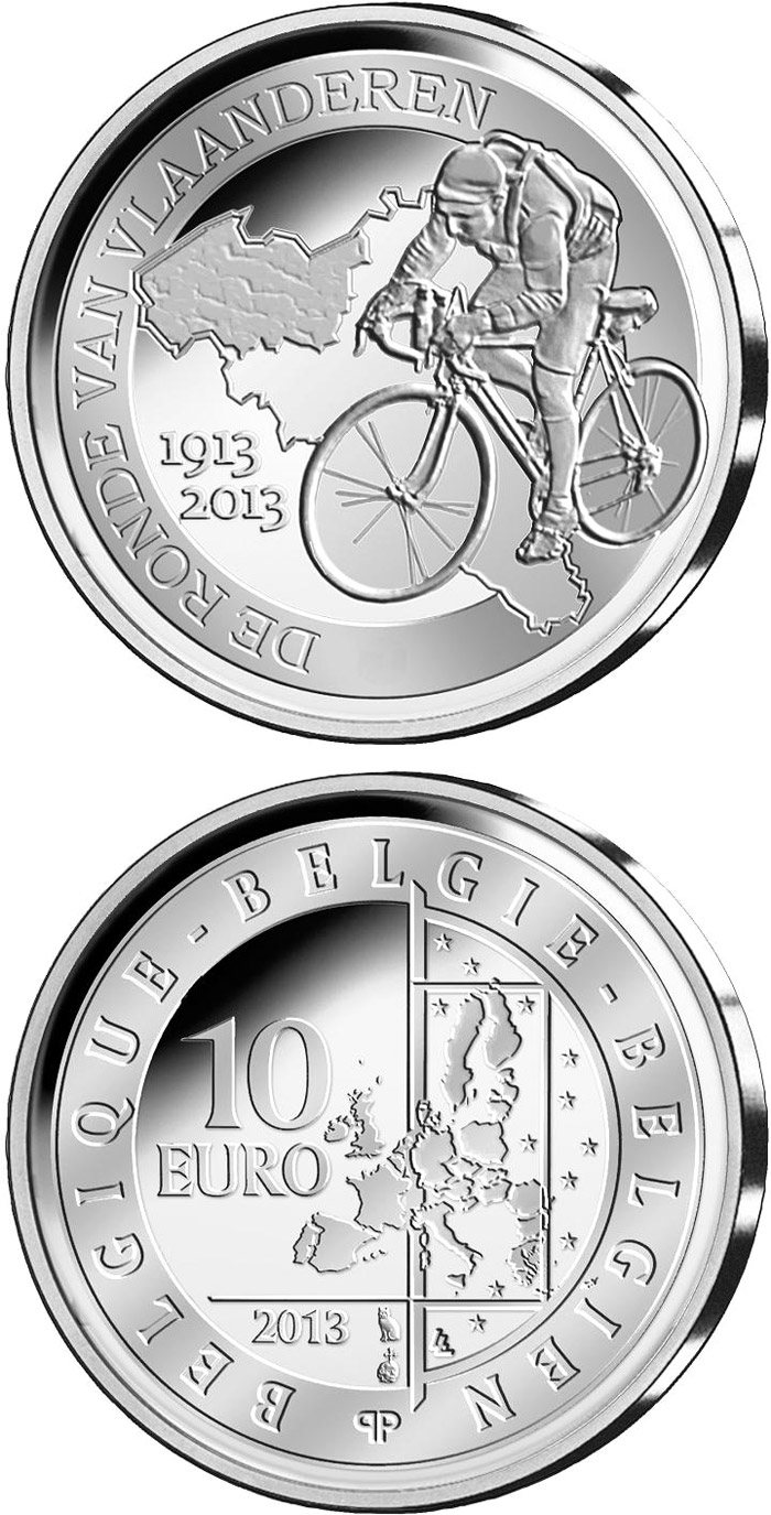 Image of 10 euro coin - 100 years of the Tour of Flanders | Belgium 2013.  The Silver coin is of Proof quality.