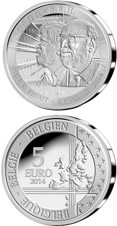 Image of 5 euro coin - The Higgs boson | Belgium 2014.  The Silver coin is of BU quality.