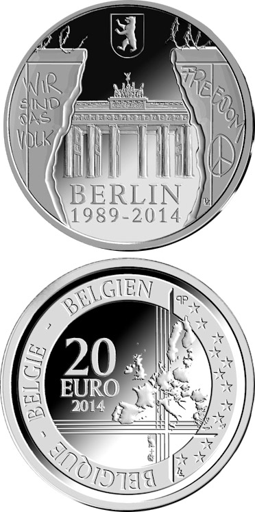 Image of 20 euro coin - 25th Anniversary of the Fall of the Berlin Wall | Belgium 2014.  The Silver coin is of Proof quality.