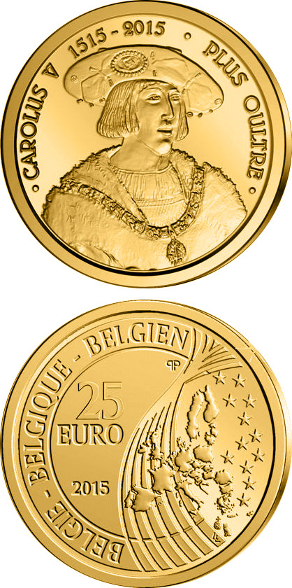 Image of 25 euro coin - Charles V | Belgium 2015.  The Gold coin is of Proof quality.