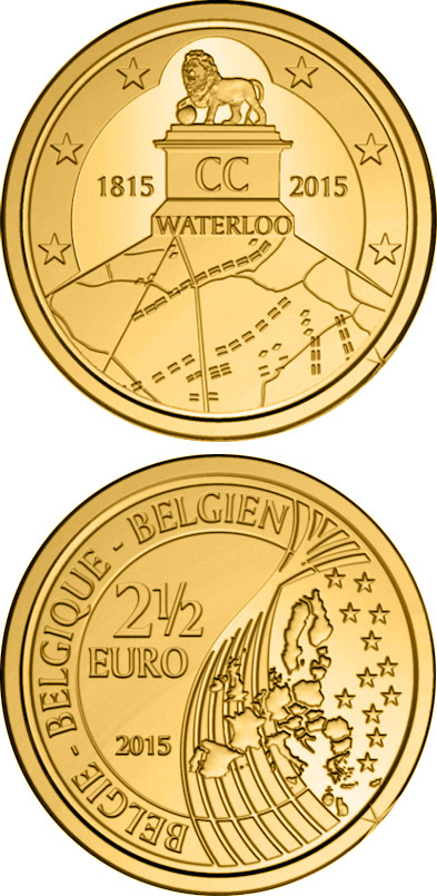 Image of 2.5 euro coin - 200th Anniversary of the Battle of Waterloo | Belgium 2015.  The Brass coin is of BU quality.