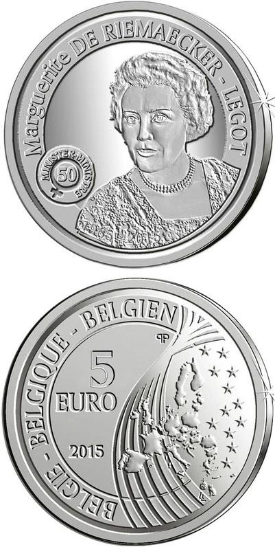 Image of 5 euro coin - Marguerite de Riemacker-Legot | Belgium 2015.  The Silver coin is of BU quality.