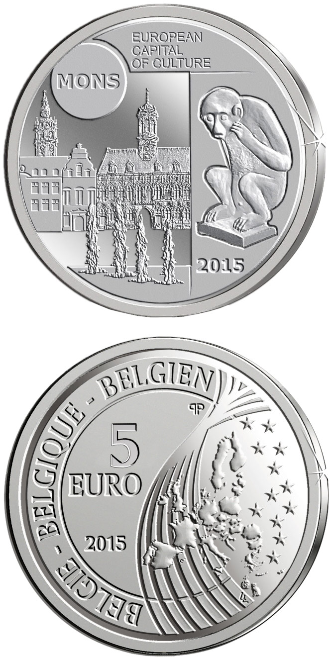 Image of 5 euro coin - Mons – European Capital of Culture | Belgium 2015.  The Silver coin is of Proof quality.