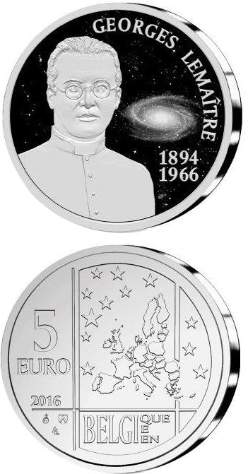Image of 5 euro coin - 50th Anniversary of the Death of Georges Lemaître | Belgium 2016.  The Copper–Nickel (CuNi) coin is of UNC quality.