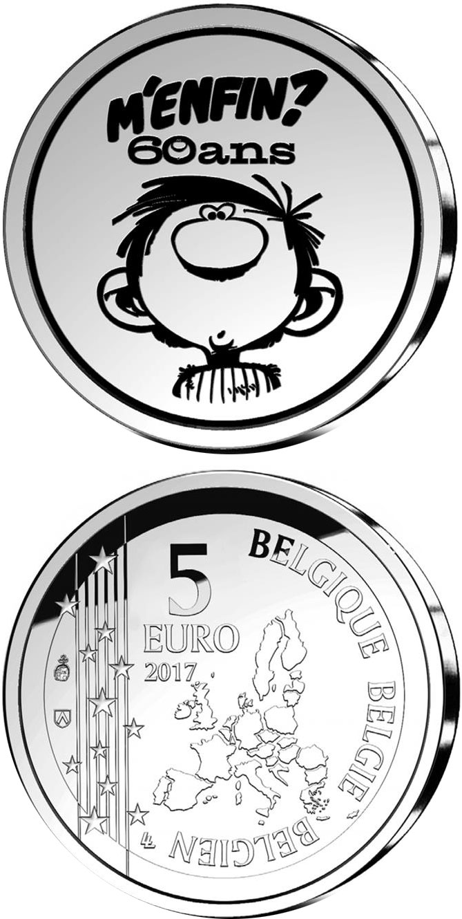 Image of 5 euro coin - Gaston Lagaffe 60 Years | Belgium 2017.  The Silver coin is of Proof quality.