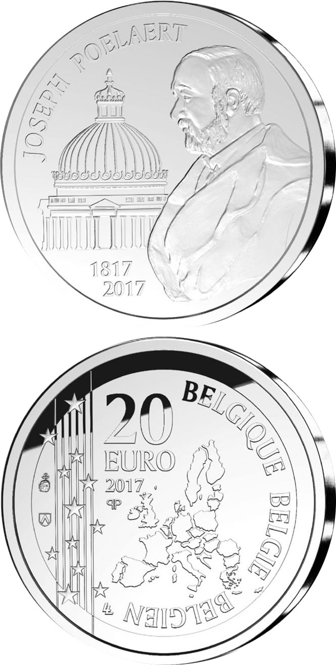 Image of 20 euro coin - Joseph Poelaert 200 Years | Belgium 2017.  The Silver coin is of Proof quality.