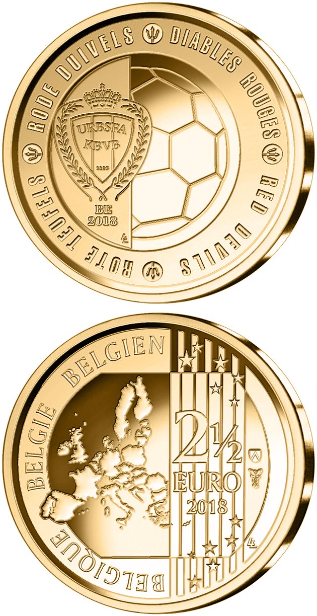 Image of 2.5 euro coin - Belgium national football team Red Devils | Belgium 2018.  The Brass coin is of BU quality.